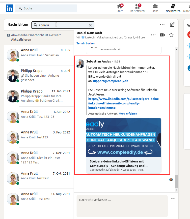 LinkedIn Abwesenheitsnotizen zählen nicht bei Kampagennachrichten in die Anzahl der letzten Nachrichten