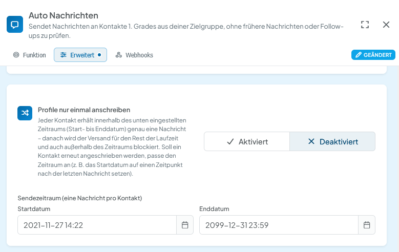 Profil nur einmal anschreiben mit Verwendung: Startdatum - Enddatum