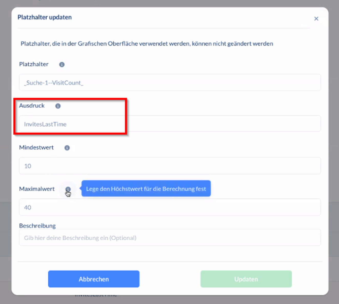 Warum ist der Berechnungsplatzhalter bei der "Besuchen & Folgen"-Funktion nur "InvitesLastTime"