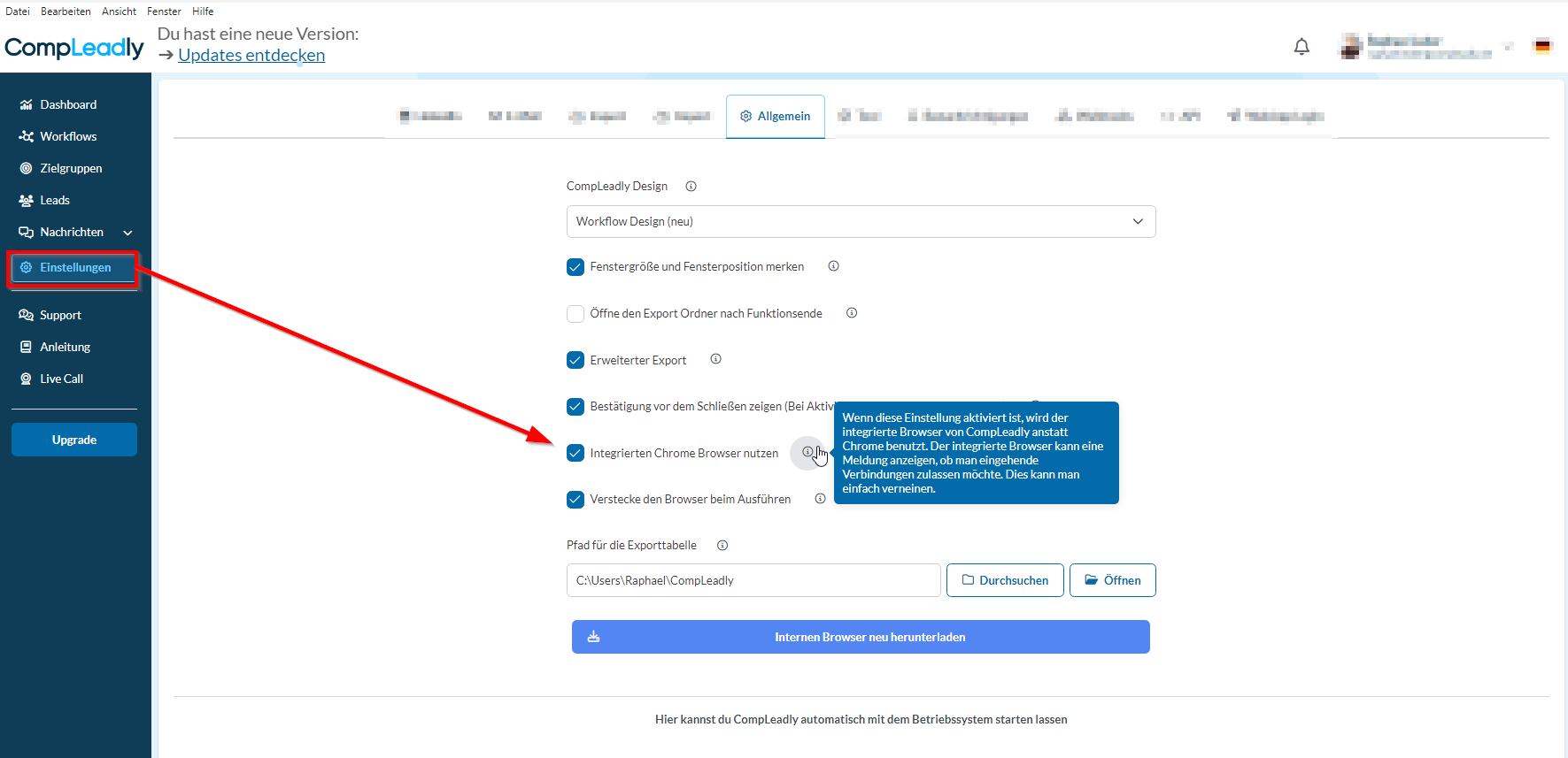 Chrome konnte im angegebenen Pfad "...." nicht gefunden werden. Bitte überprüfe deinen Pfad zu Chrome in den Einstellungen