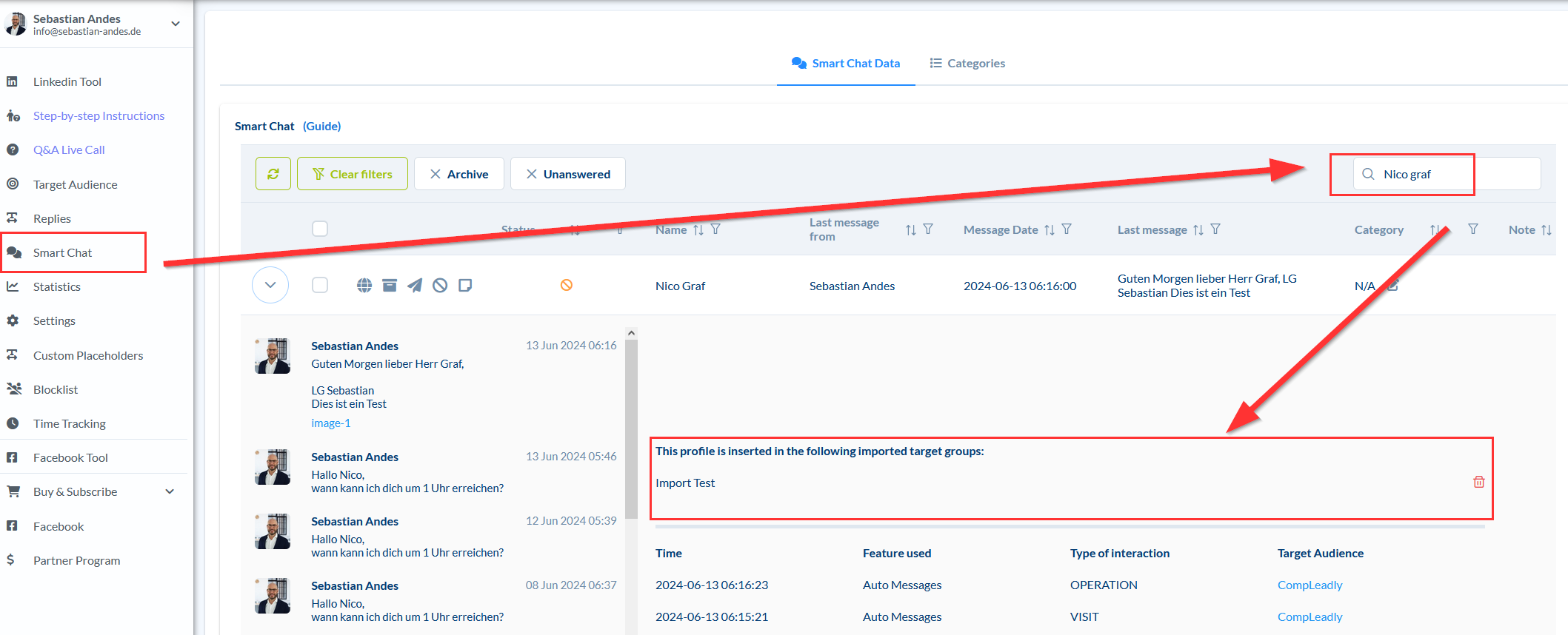 Remove a contact from imported target groups in CompLeadly.