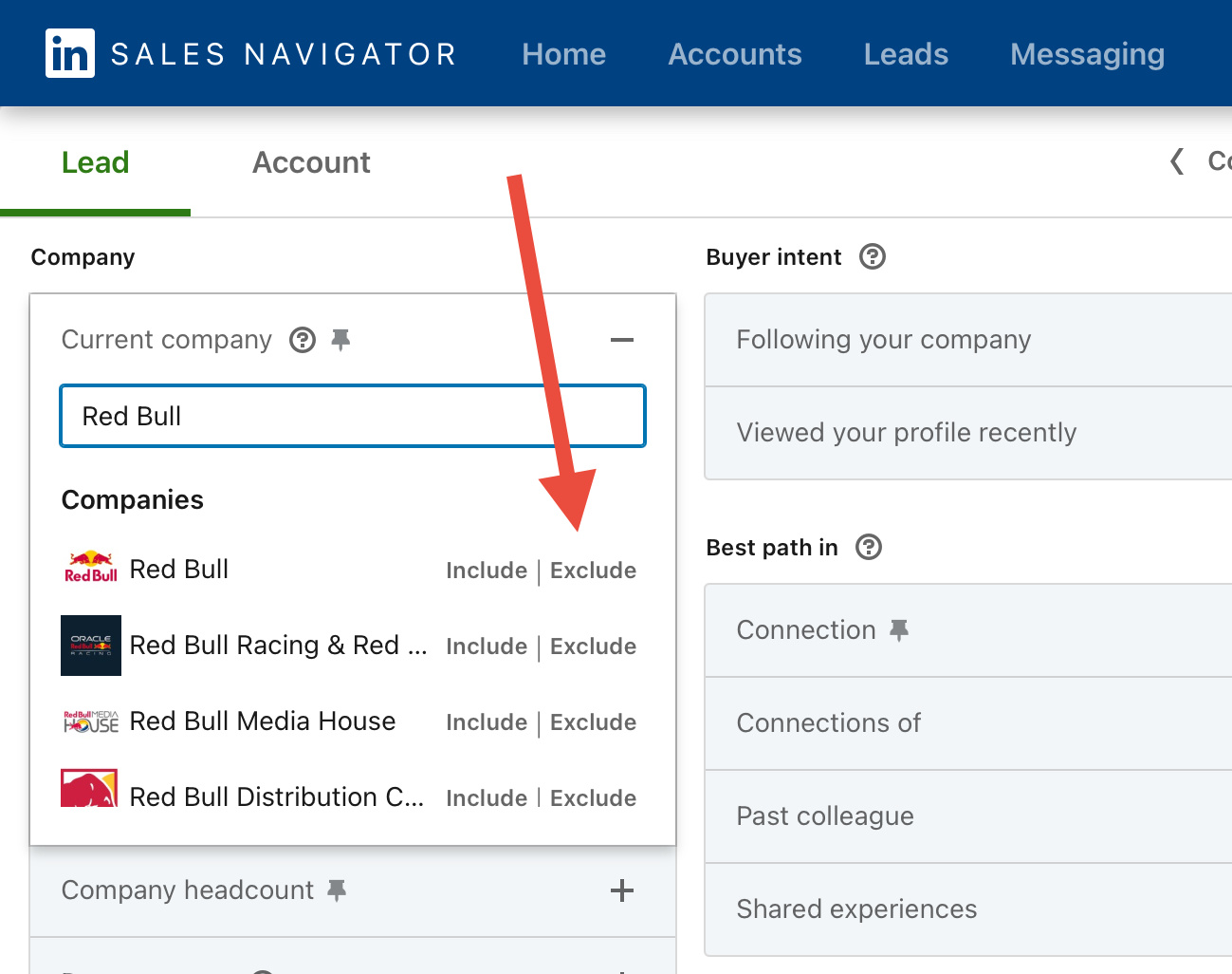 Exclude companies or employees of a company in Sales Navigator