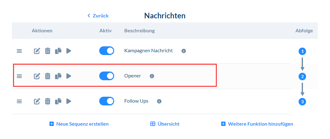 Unterschied von der Funktion Opener, Follow-up und Kampagnen-Nachrichten