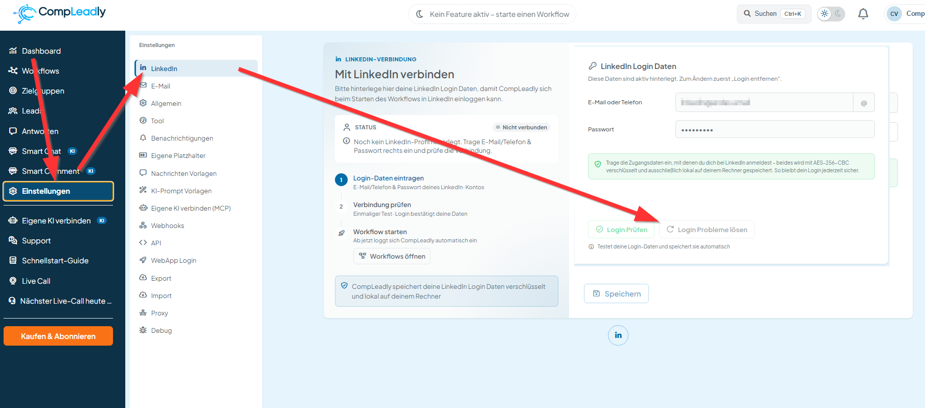 Mein LinkedIn Login funktioniert nicht / manuell über CompLeadly in LinkedIn einloggen