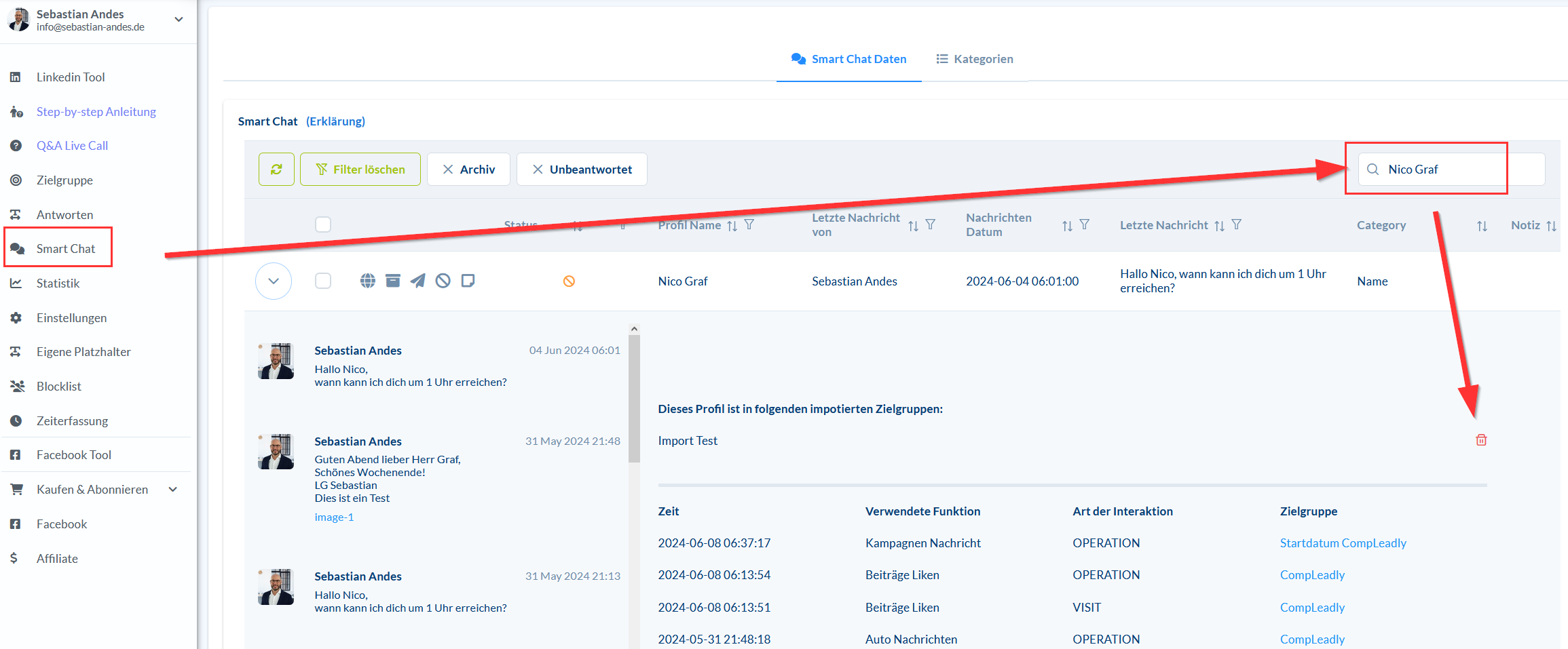 Einen Kontakt aus importierten Zielgruppen in CompLeadly entfernen