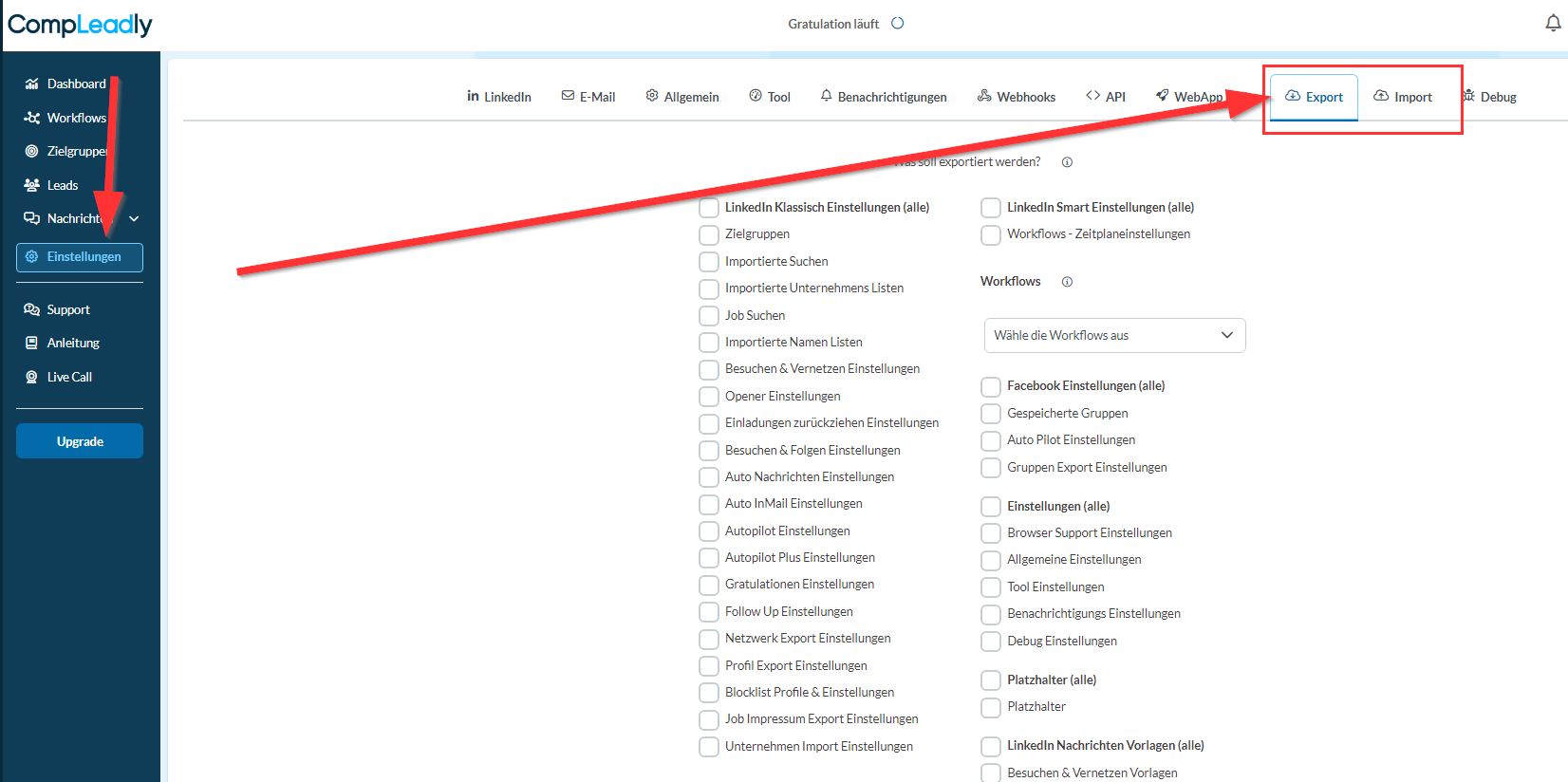 Einstellungen von CompLeadly übertragen #exportieren #importieren