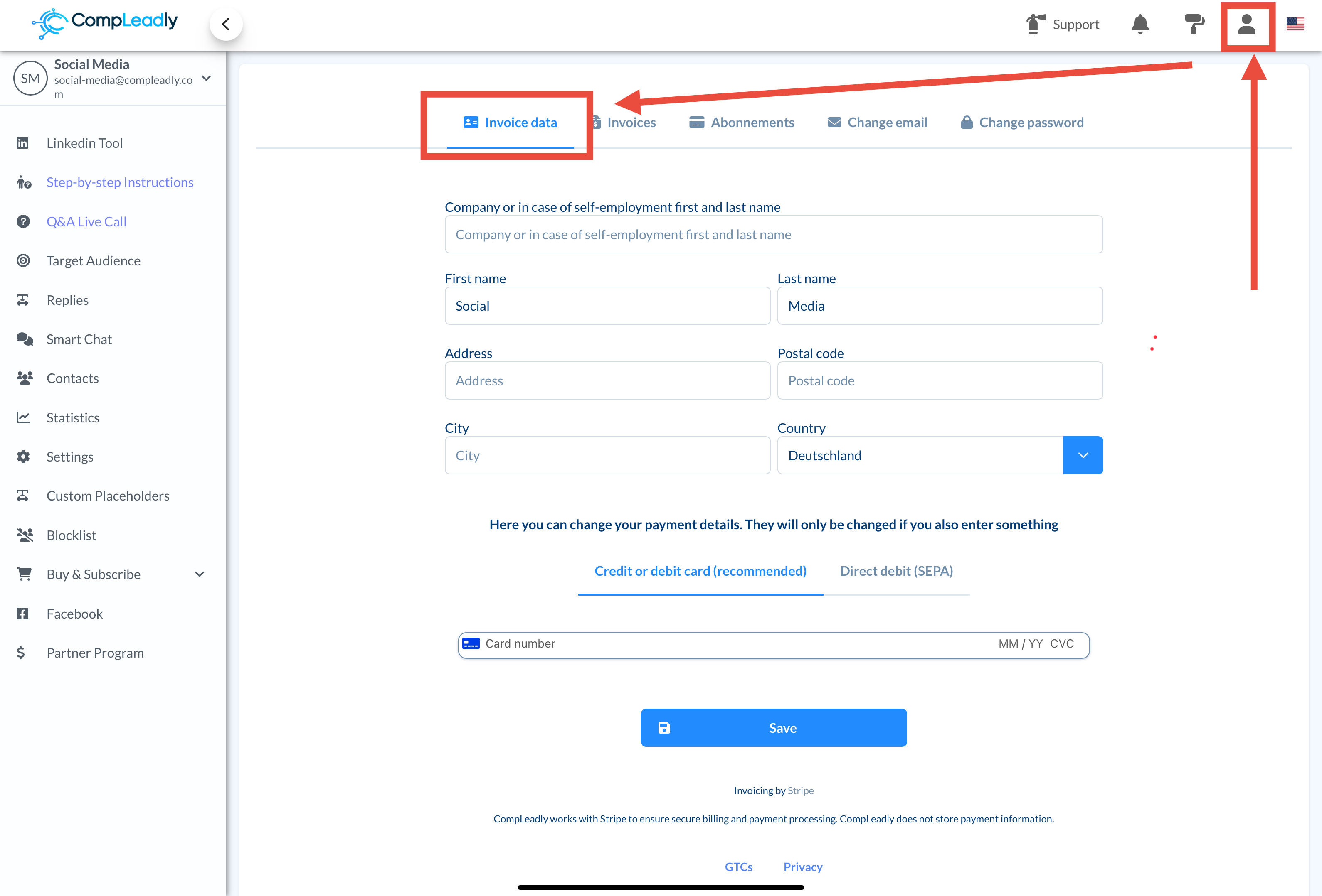 Update payment method in CompLeadly