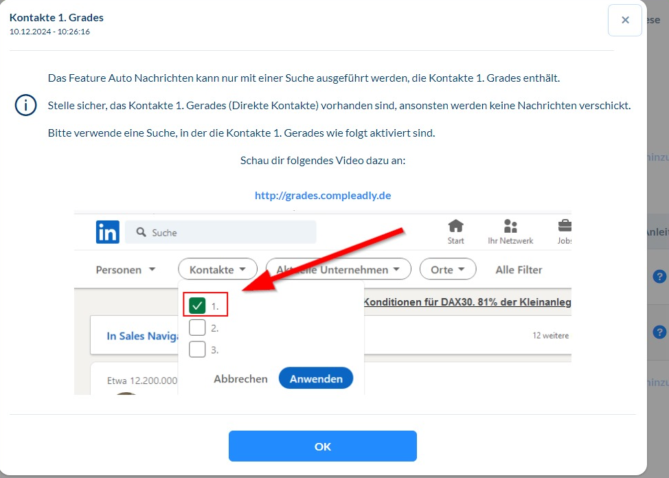 Fehlermeldung bei 1. Kontakte in CompLeadly und Sales Navigator