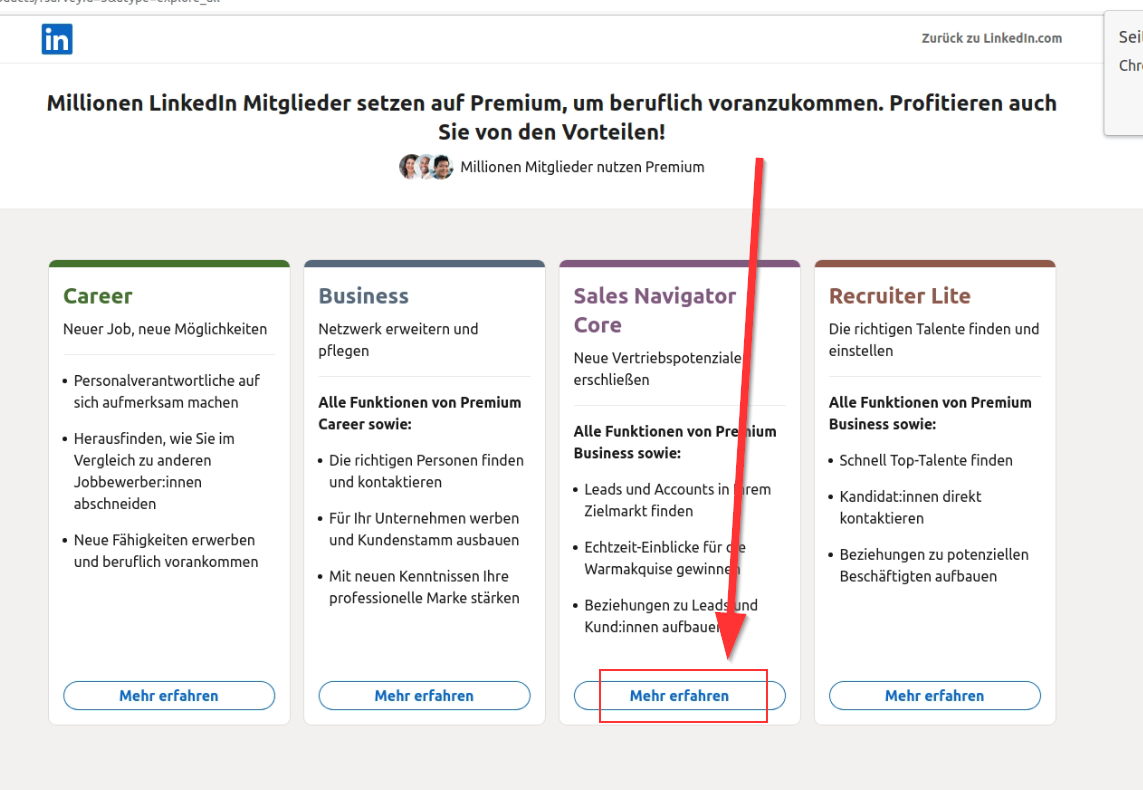 Den Sales Navigator auswählen in LinkedIn #Premium Switcher