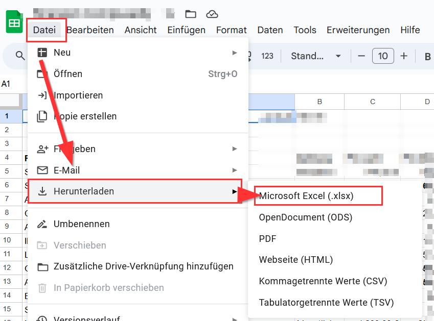 Tabelle in das .xlsx Format umwandeln