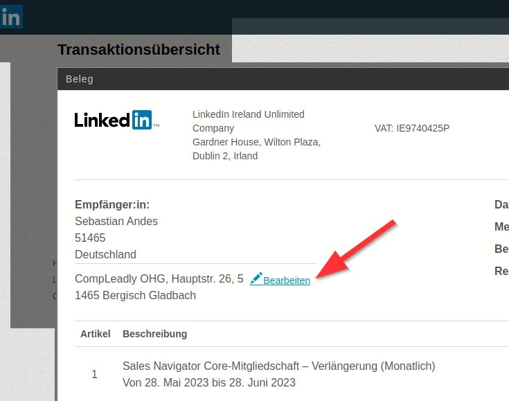 Wie kann ich die Rechnungsadresse LinkedIn hinterlegen?