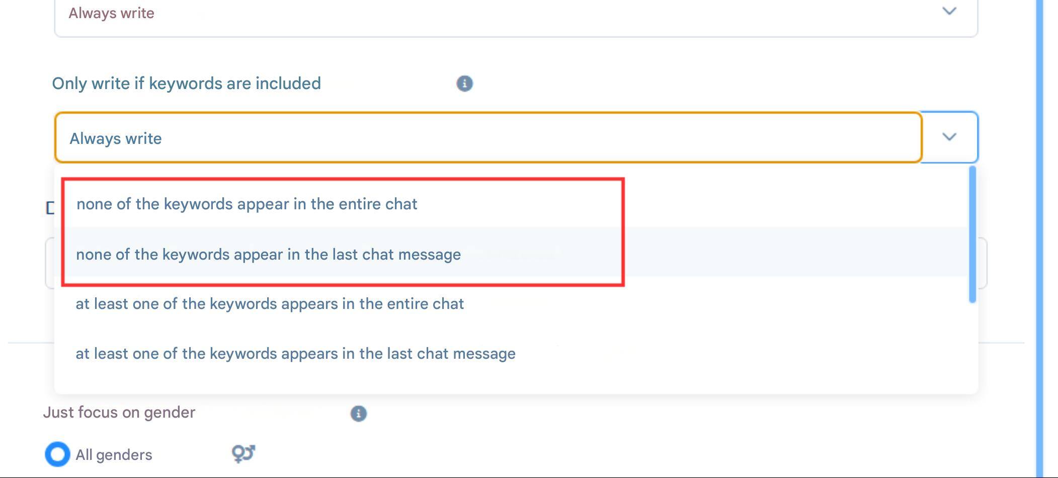 Keyword in last message / Keyword in the last message