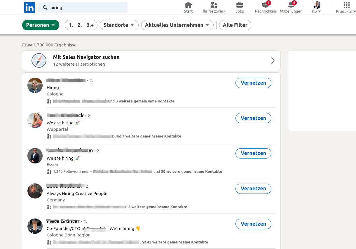 Search for contacts on LinkedIn who are looking for employees or have #Hiring displayed in their profile picture