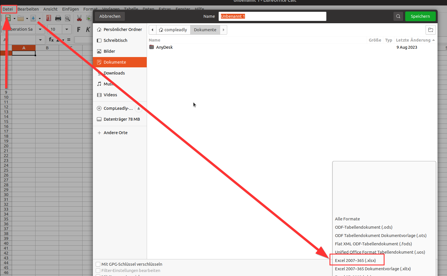 Tabelle in das .xlsx Format umwandeln