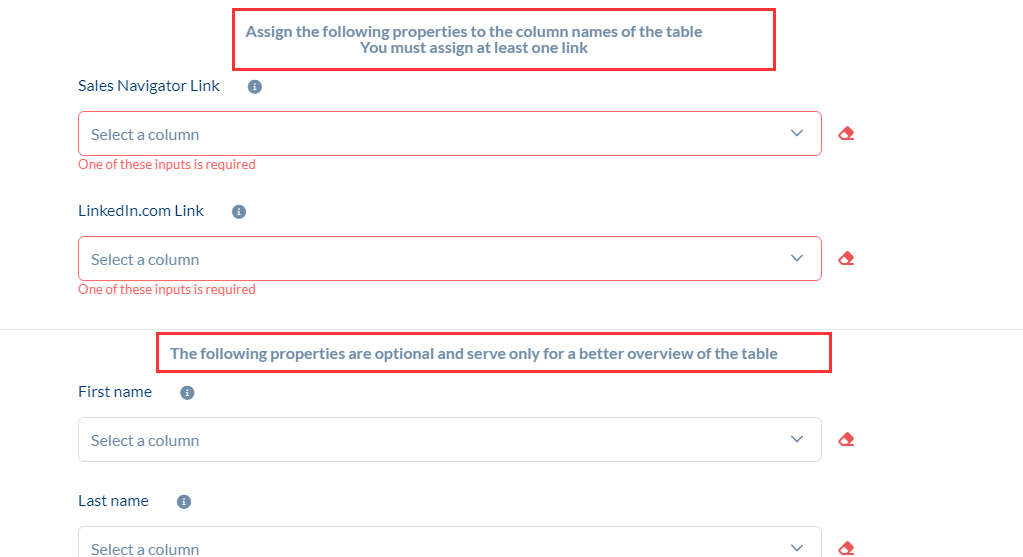 Which fields need to be included in the import Excel table?