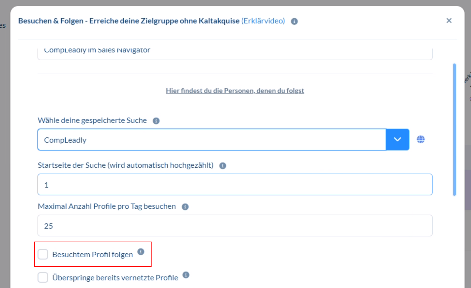 Wie kann man mit einem gewünschten Abstand erst besuchen, dann folgen, dann vernetzen?