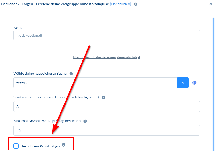 Ich möchte jemanden besuchen, dann zeitversetzt folgen, dann vernetzen.
