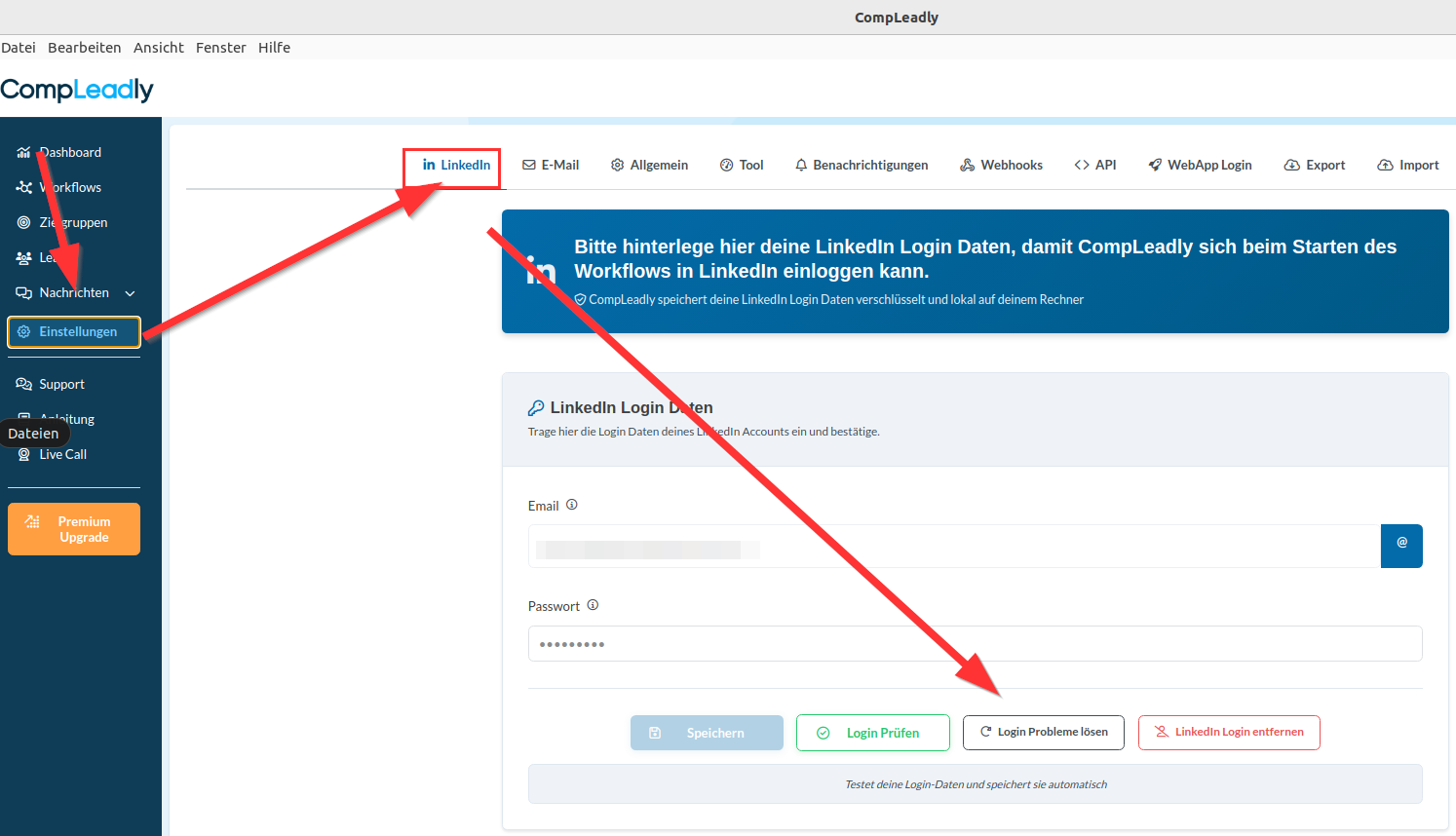 Ich habe zwei Sales Navigator bzw. zwei LinkedIn Pakete zur Auswahl und CompLeadly öffnet die Suche nicht.