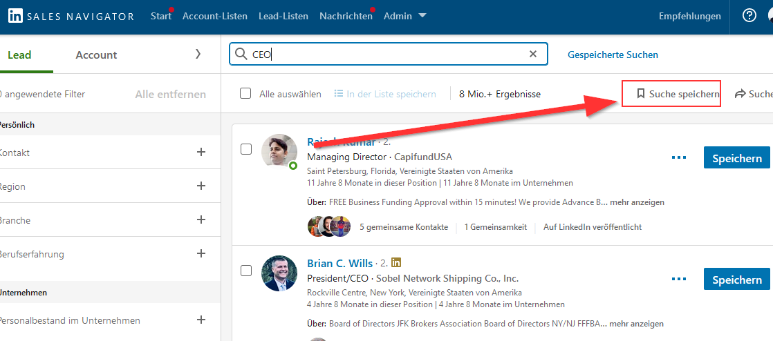 Ich habe zwei Sales Navigator bzw. zwei LinkedIn Pakete zur Auswahl und CompLeadly öffnet die Suche nicht.